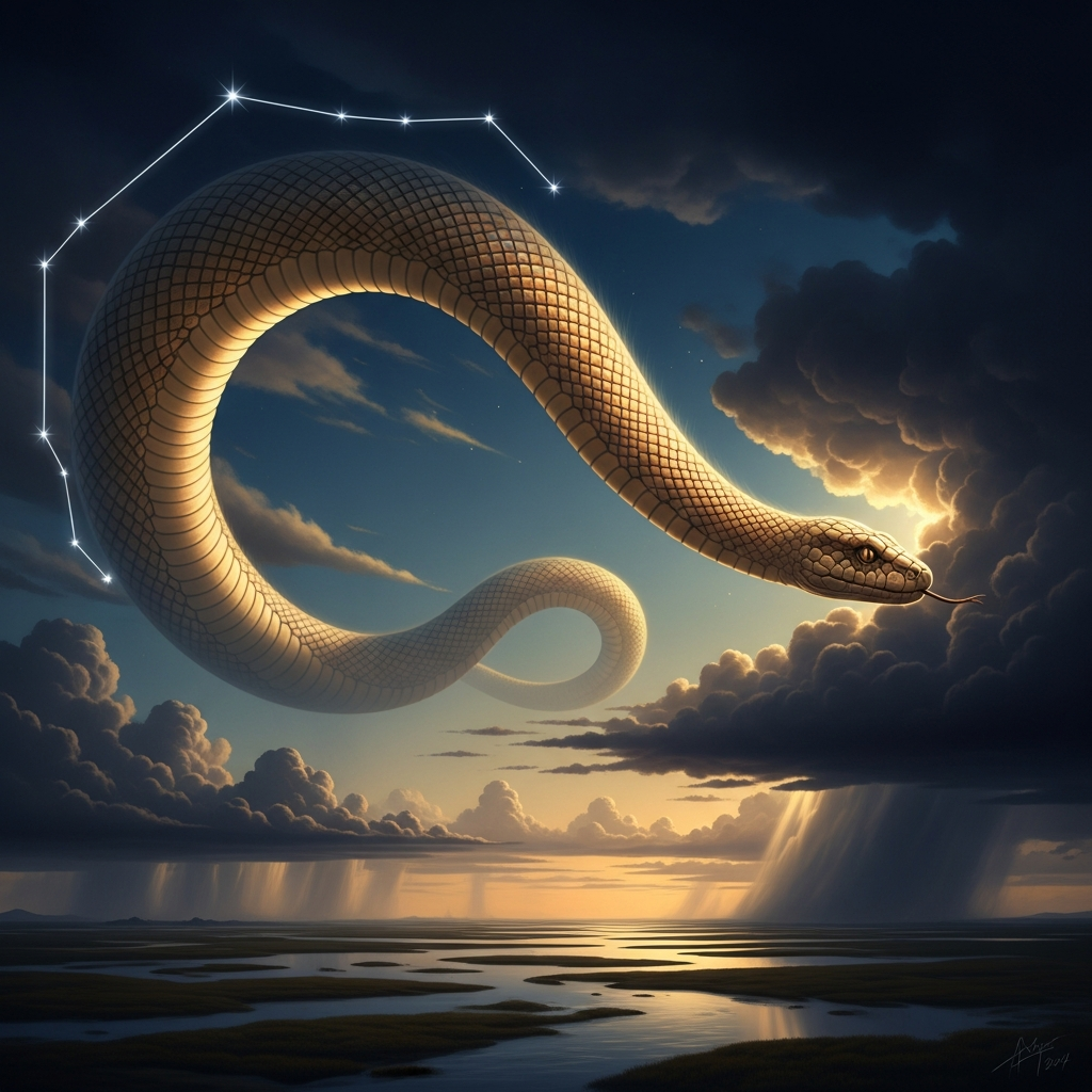 After rain, the arc of the Serpent hangs in the sky above the floodplains — her scales catching the light, her head in the eastern clouds, her body curved as a river.