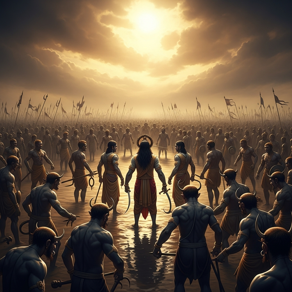 The battlefield is a chaos of identical demons — Raktabija reproduced a thousandfold, each one whole and armed, risen from a drop of blood in the churned mud. The Matrikas stand back-to-back in a shrinking circle, their weapons slick and useless.