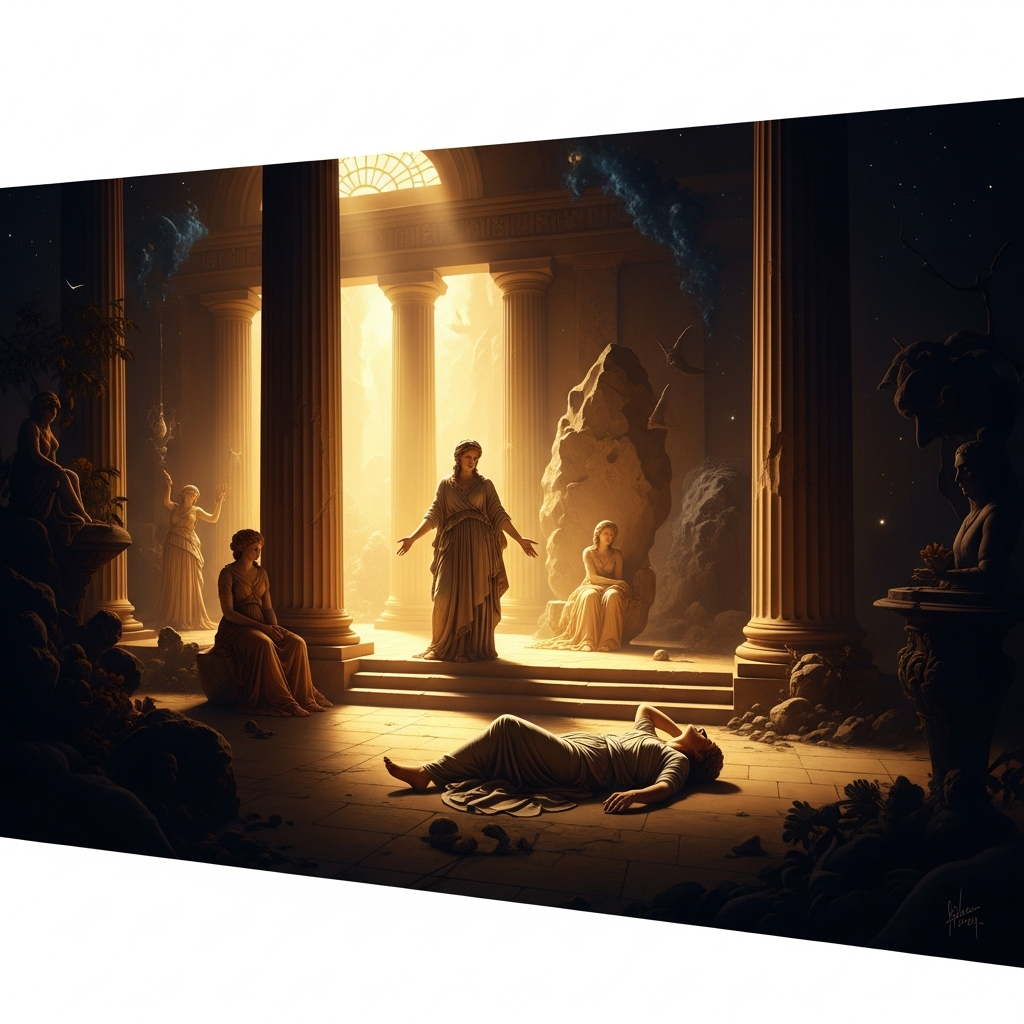 The temple fills with a light he later describes as *a sea of consciousness, shining and roaring*. The stone becomes a living woman. He falls. The vision lasts longer than the body can hold and he loses an entire night.