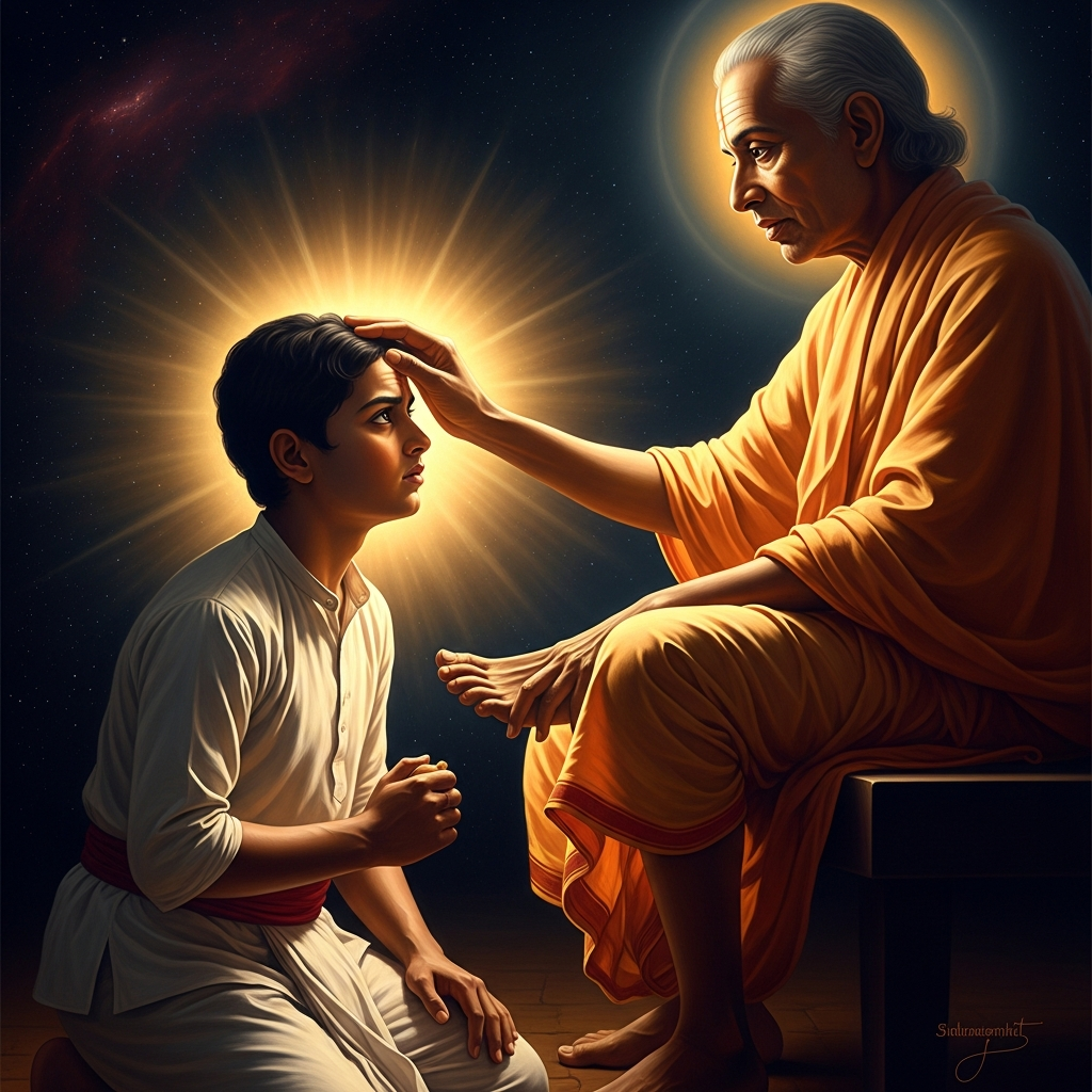 Decades later. The boy Narendra arrives sceptical, a Brahmo Samaj rationalist. Ramakrishna places his foot on Narendra's chest and Narendra sees the walls of the room dissolve. He becomes Vivekananda, who will carry this teaching to Chicago.