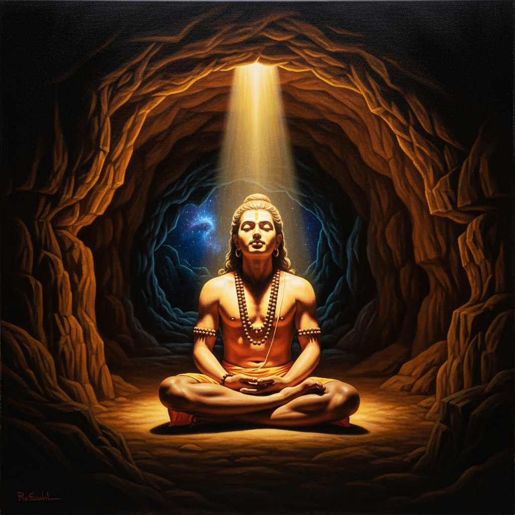 A young man sits in the Virupaksha cave on the hill's slope, absolutely still, eyes open without focus. He has been sitting here for weeks. The other sadhus leave food near the entrance. He does not look up when they come or go.