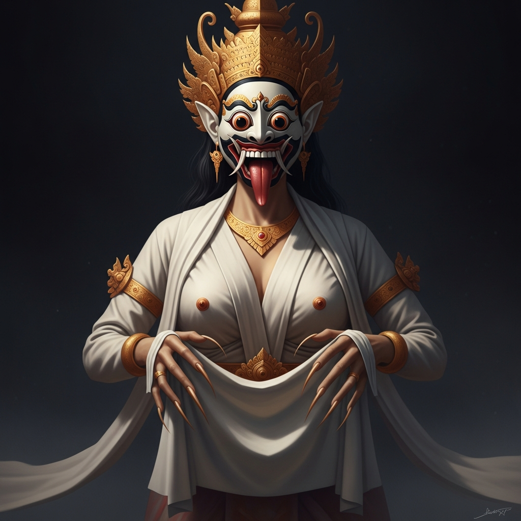 Rangda the demon queen: the white mask with its great fangs and protruding tongue, her white robes trailing behind her, her long fingernails catching the firelight, her pendulous breasts a feature of her ancient power. She holds her white cloth before her. The air around her is genuinely cold. She is terrifying and she is necessary.