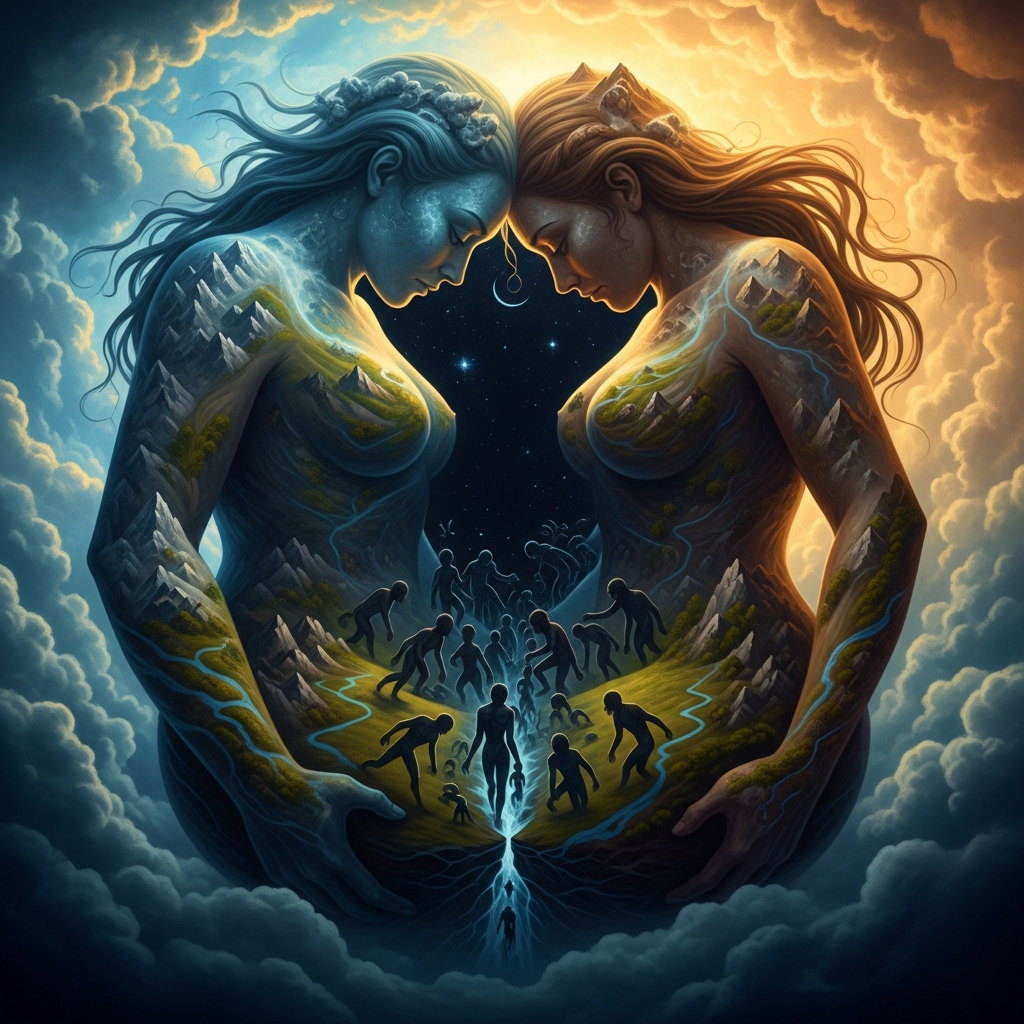 The primordial embrace — Sky and Earth pressed together, their children moving in the absolute dark between their bodies, debating how to survive.
