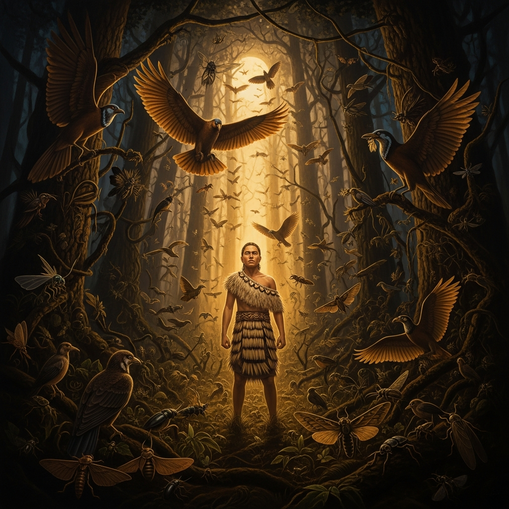 The children of Tāne confronting Rata in the dark — birds and insects filling the forest around him, the air full of wings and the sound of small bodies working in the moonlight.