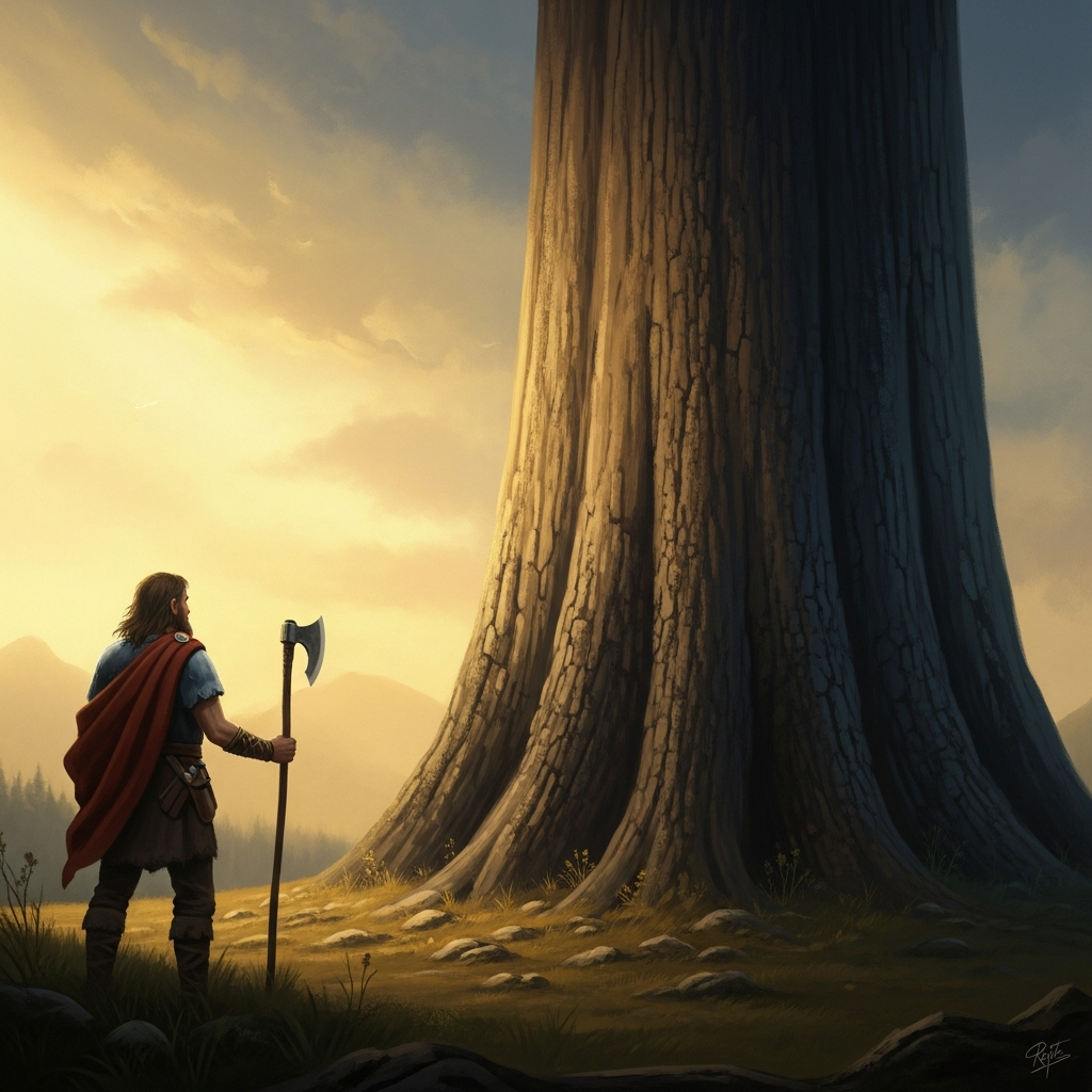 Rata returning at dawn to find the tree standing again — the chips swept up, the bark sealed, the rings intact, as if the axe never touched it.