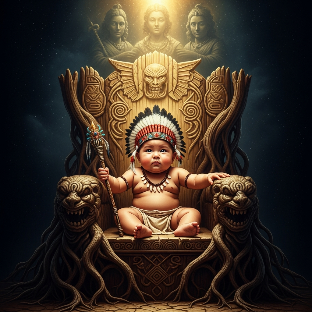 The baby sits in the chief's house with eyes that are wrong — too bright, too knowing, pupils like black mirrors. It screams and screams, and its grandfather brings down box after box, and the child reaches for the one that holds everything.