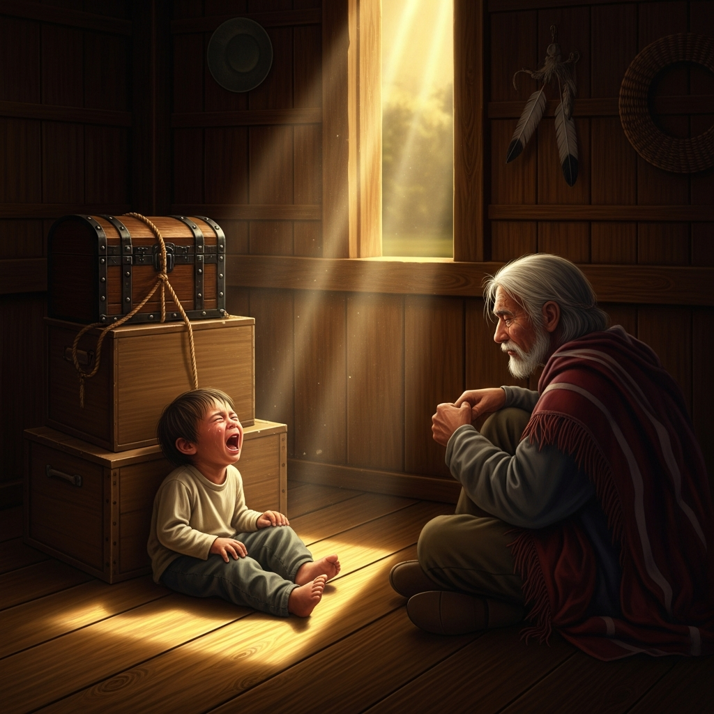 A small child sits on the floor of a cedar-post house, screaming. He has been screaming for days. The box in the corner is lashed with cedar rope, nested inside two other boxes, sealed. The grandfather has not slept in a week. Outside, the world is completely dark.