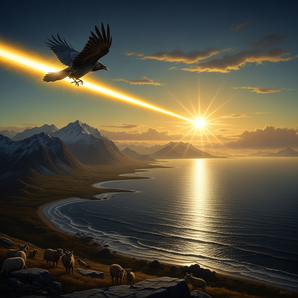 Raven in flight over the Arctic, the sun trailing behind him in a stream of light. Below, the world appears for the first time: mountain ranges, coastline, the dark water of the sea catching light and returning it in silver. The animals on the shore are blinking.