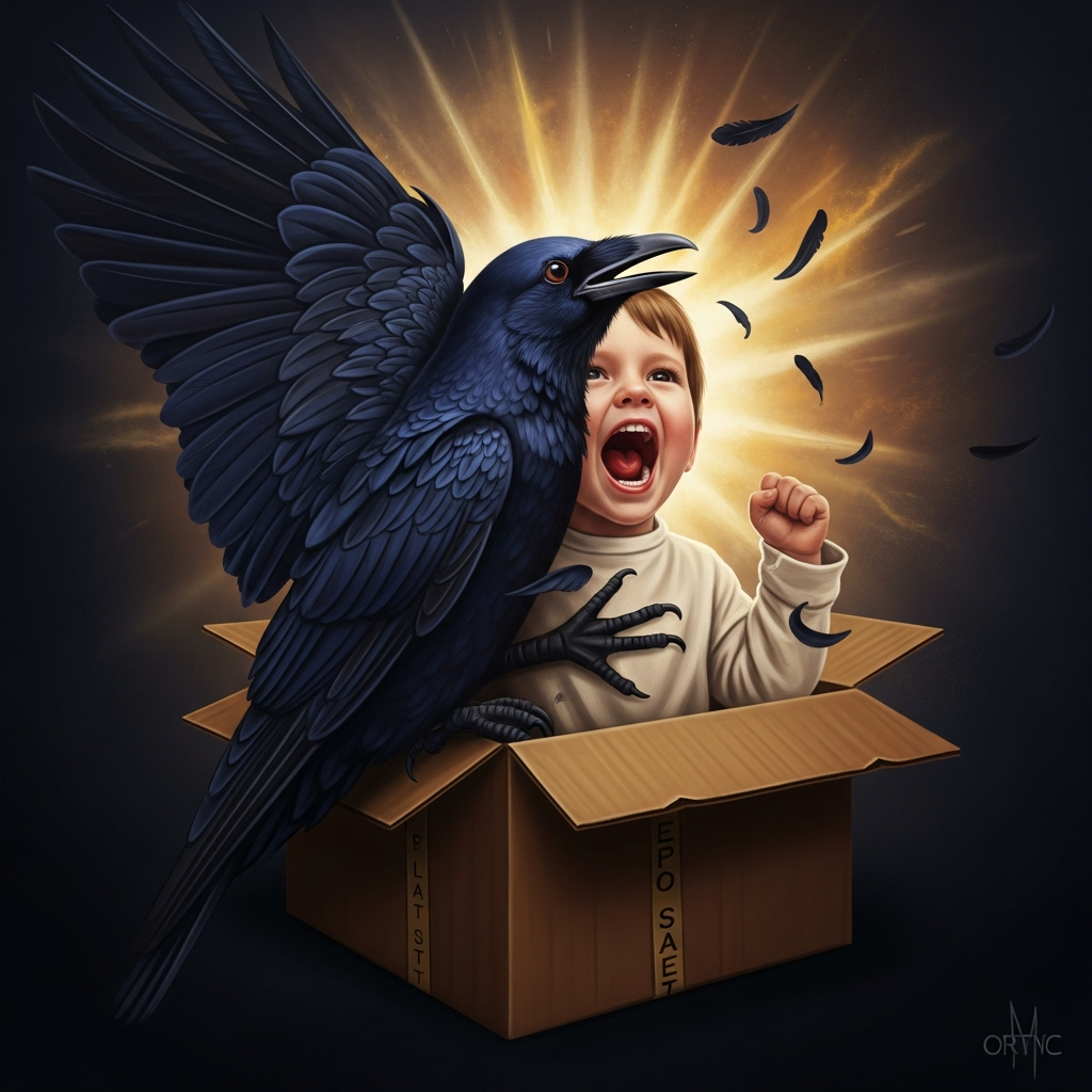 The moment the innermost box opens: light explodes outward into a world that has never seen it. Raven, caught in the transformation between child and bird, is half one thing and half another — feathers erupting from the shoulders of a toddler, beak pushing through a human face, screaming with the joy of a creature who has gotten exactly what he came for.