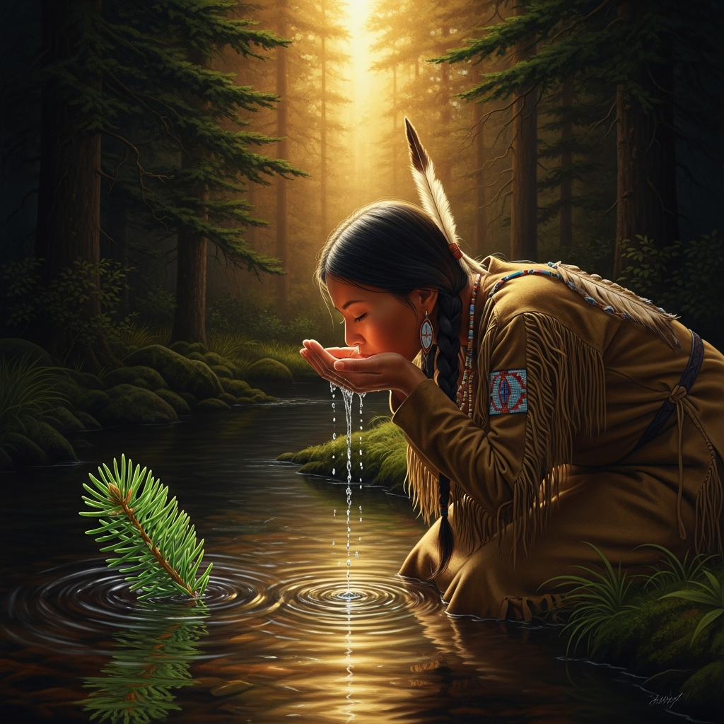 Raven shrinks himself into a spruce needle, spinning slowly in the stream where the chief's daughter kneels to drink. She does not see him. She lifts the water to her lips.