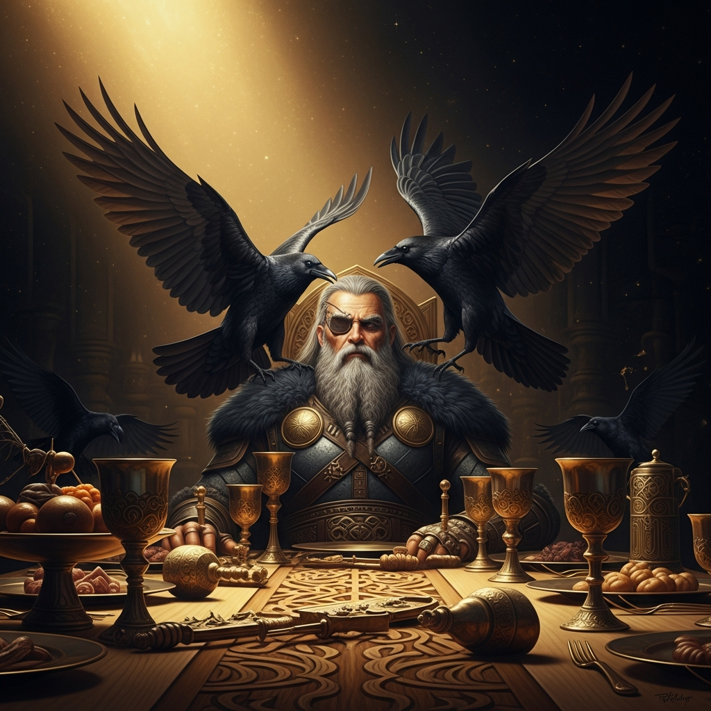 Huginn and Muninn landing at dinner on Odin's shoulders. He tilts his head left, then right. Their beaks at his ears. No one else in Valhalla can hear what they say.