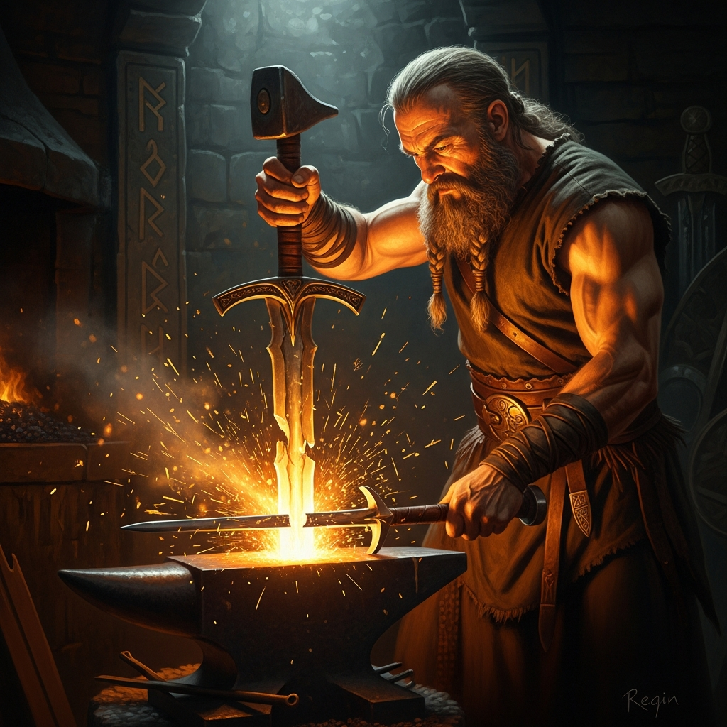 Regin reforges the broken pieces of Sigmund's sword Gram in the underground forge. Sigurd watches. The smith does not look up; he has been waiting for this hero his whole life.
