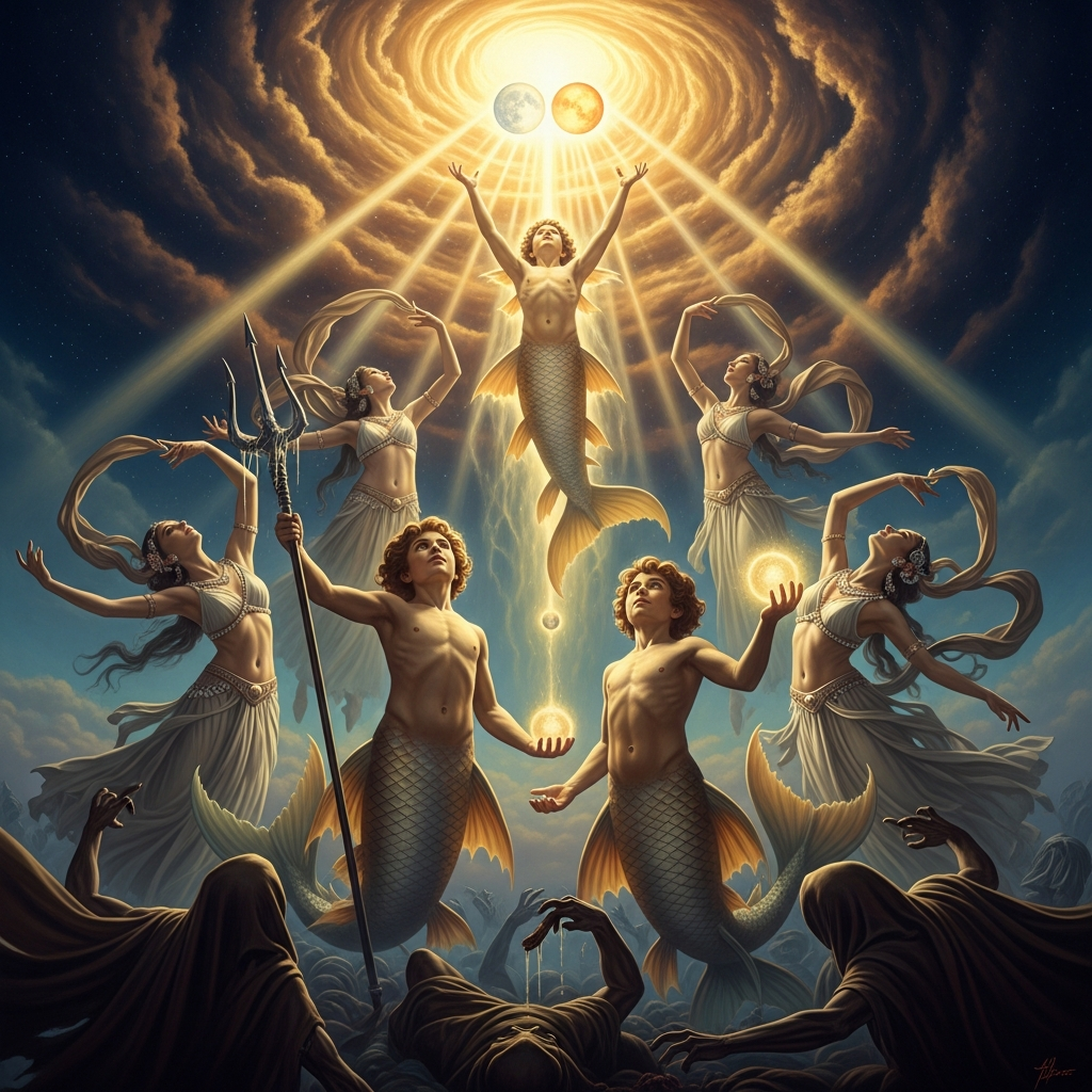 Resurrected as fish-boys and dancers, they kill the Lords of Death and ascend into the sky as Sun and Moon.