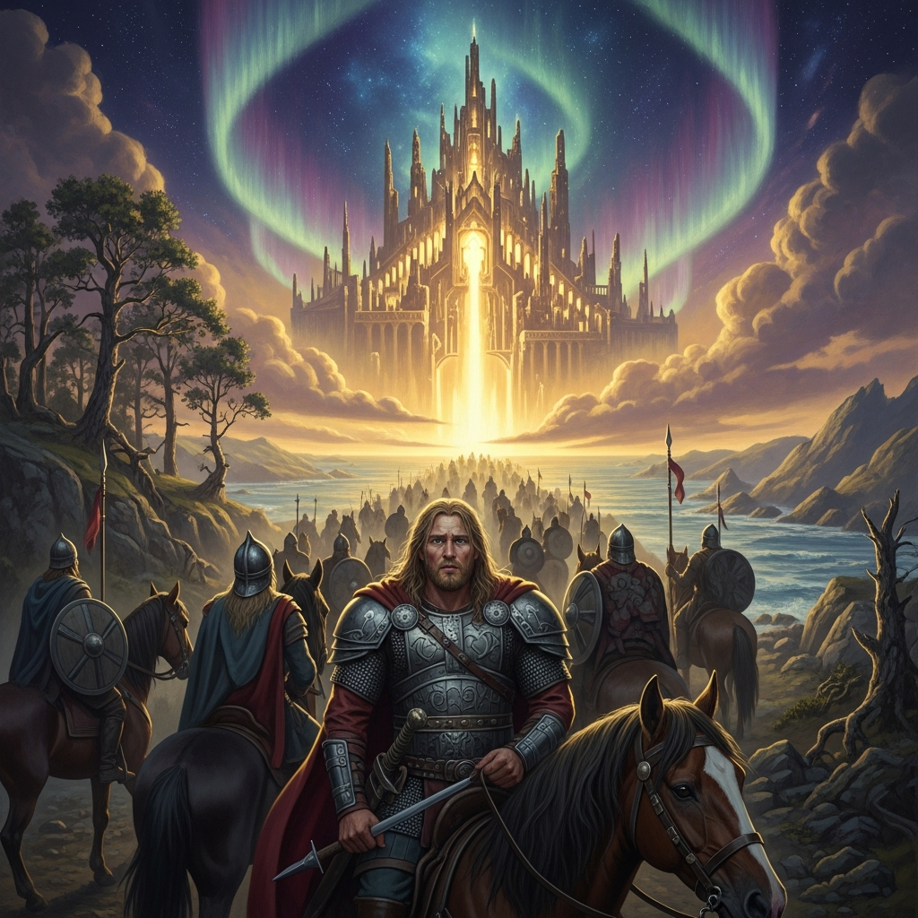 The company riding north and east, away from the coast. Hákon in the middle, still in his armor, still not fully understanding. Valhalla on the horizon, lit from within, its five hundred doors wide open.