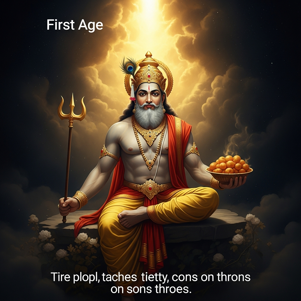 In the first age, the world's abundance is failing. Rishabha teaches the people to plow, to sow, to fire clay, to read, to count. He teaches them the seventy-two arts and the sixty-four languages and the craft of governance. He places his sons on thrones.