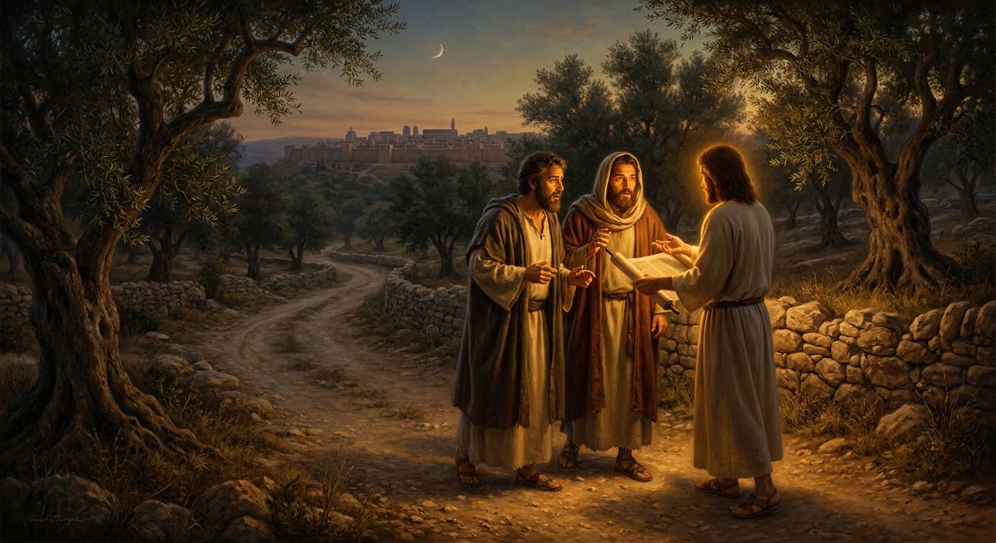 That same afternoon, two disciples walk to Emmaus with a stranger who explains all the scriptures to them. They do not recognize him until he breaks bread at their table — and then he is gone.