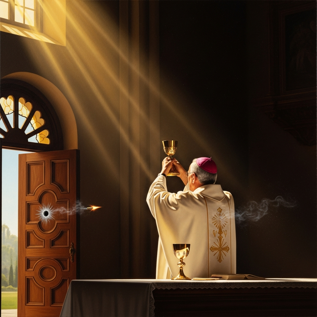 The single rifle shot fired through the open chapel door as Romero elevates the chalice — killed at the altar in the act of consecration.