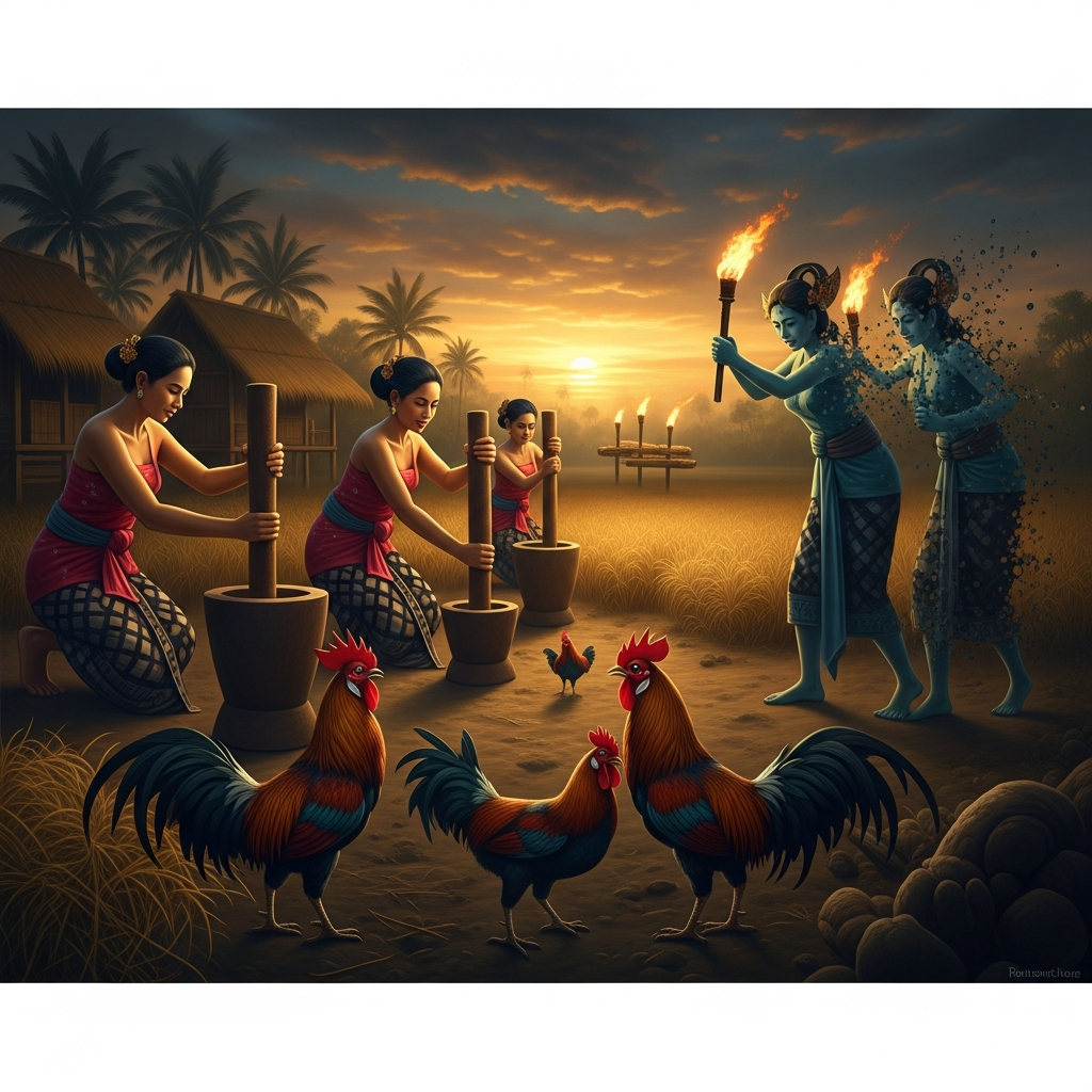 The village women pounding rice in the darkness before dawn, the sound of mortars carrying across the plain, the roosters lifting their heads and beginning to cry. The spirits freeze. They look east. The first light they see is not the sun but the torches Roro Jonggrang has ordered lit, reflecting off the eastern horizon. The spirits dissolve.