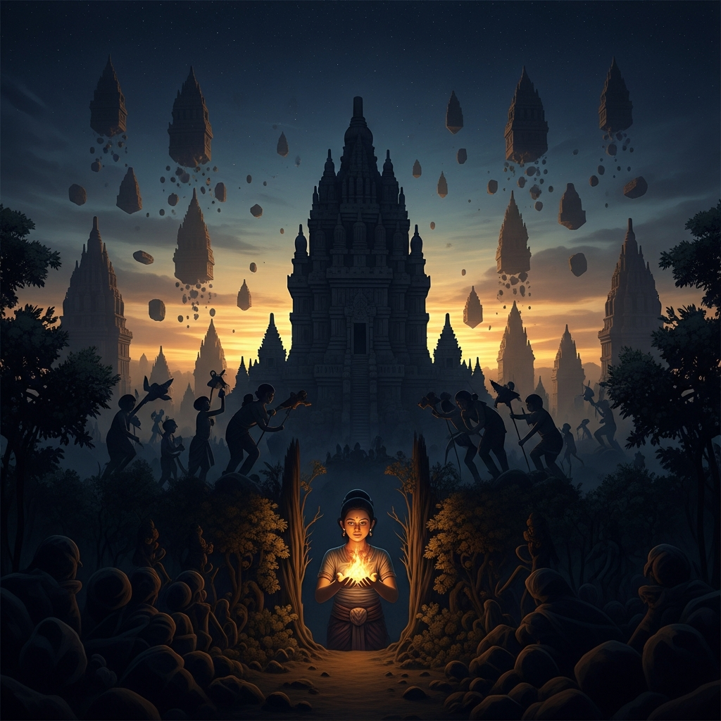 The spirit army of Bandung Bondowoso building temples at night, the air filled with stone blocks rising and setting by supernatural force, nine hundred and ninety-nine temple silhouettes already completed against a dark sky. In the center foreground, Roro Jonggrang watches from behind a screen of trees, the fire she is about to light cupped in her hands. The dawn that comes will be her creation.