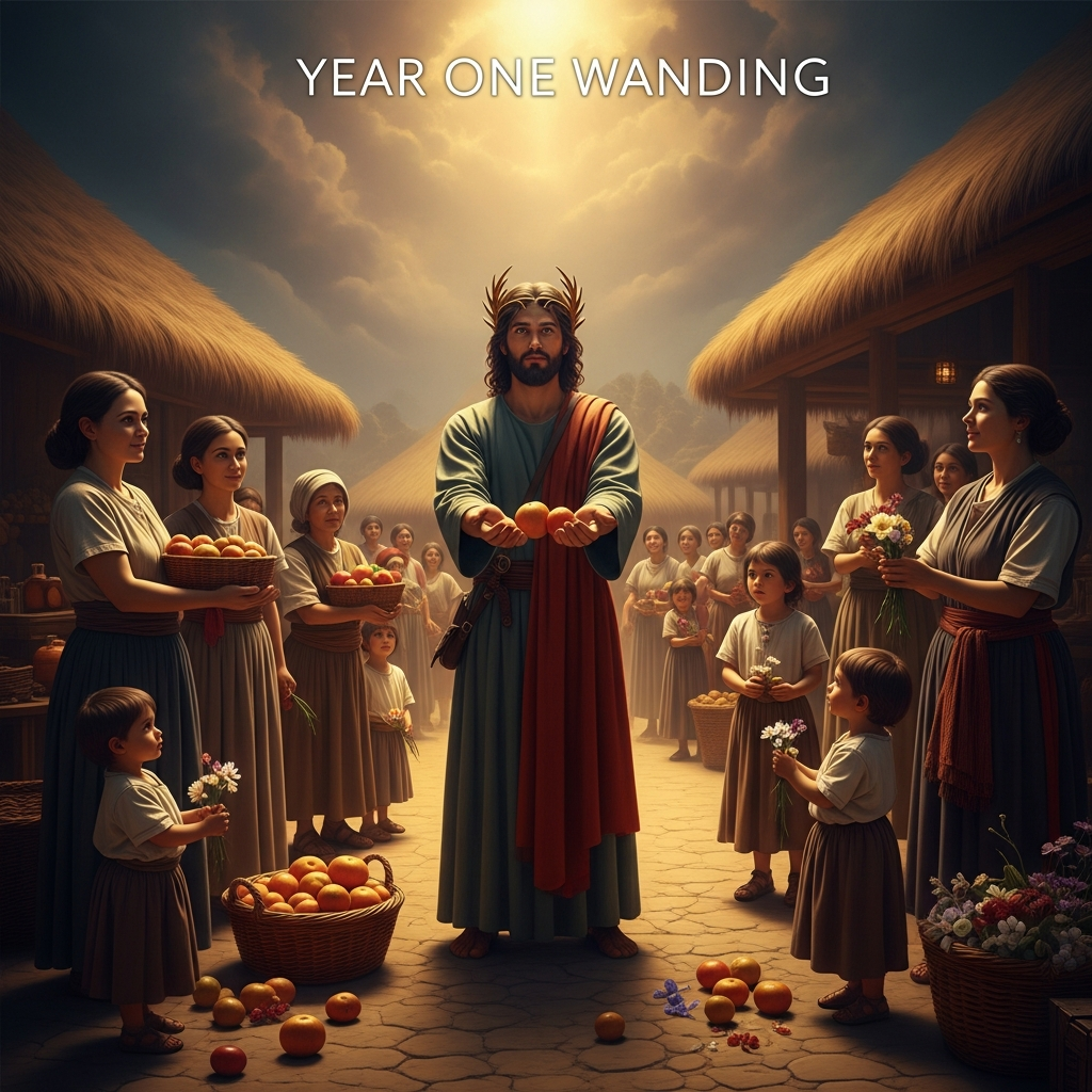 Year one of the wandering. He stands in the village square with cupped hands extended. The villagers come out to look at him. They bring fruit. They offer flowers. They do not understand the hands. Nobody has ever held out cupped hands before.