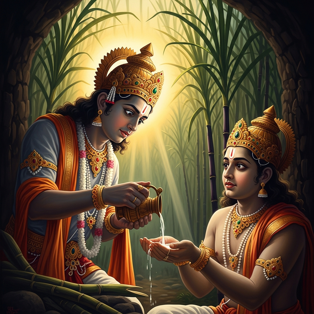 A king named Shreyansa Kumar pours sugarcane juice into Rsabhanatha's cupped palms in a sugarcane grove. Neither of them fully understands what is happening. The tradition of dana — almsgiving — begins in this instant.