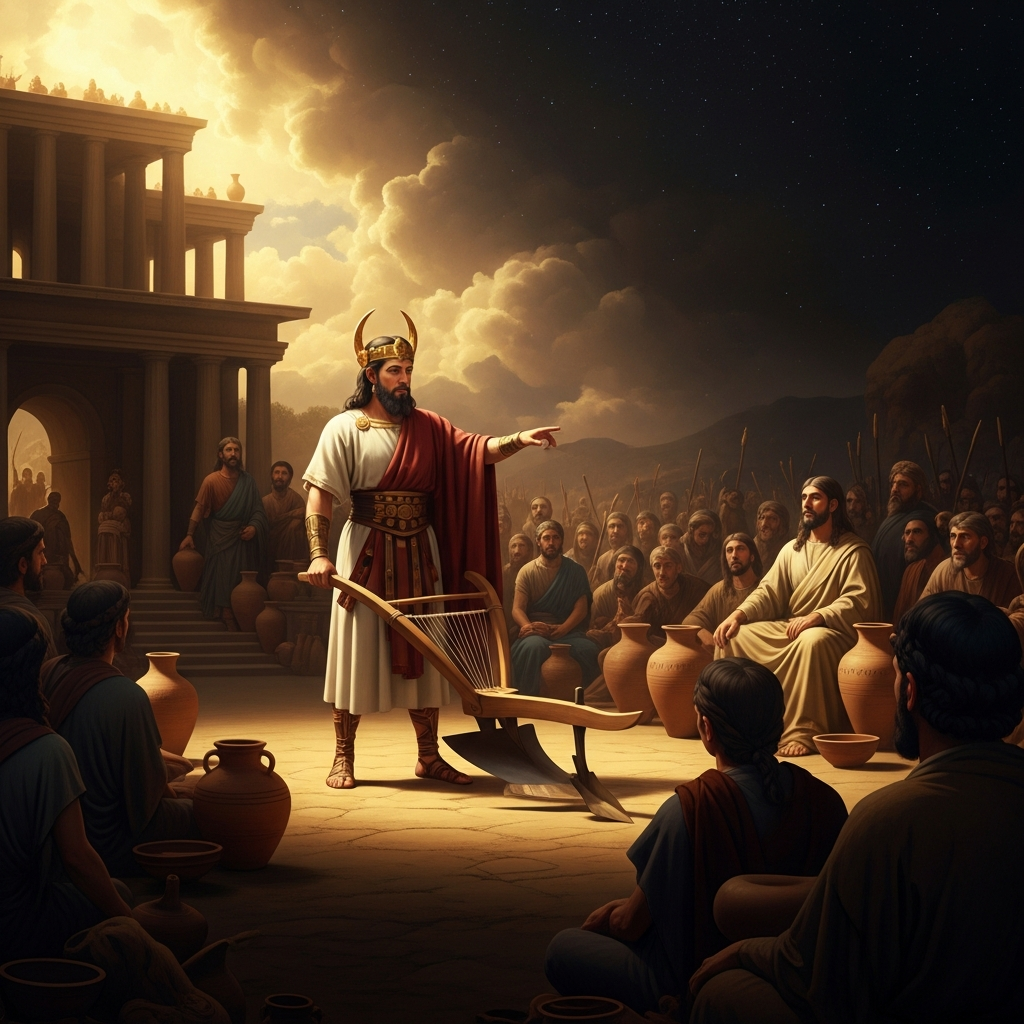 The first king stands before a crowd that does not yet know what a plow is. He demonstrates. He demonstrates everything — pottery, architecture, cookfire, the loom. He will spend his reign teaching humanity how to live before he shows them how to stop.