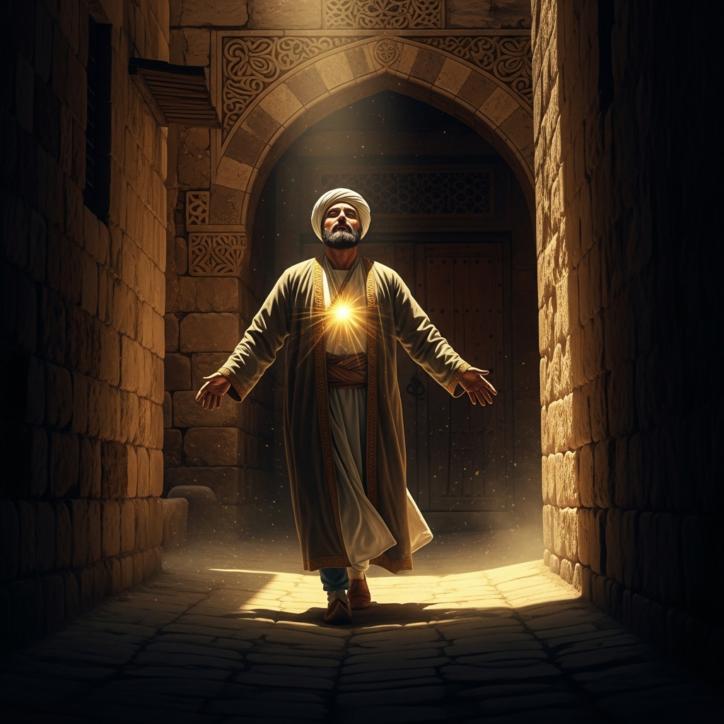 In a Damascus alley, Rumi stops mid-step and goes still — the moment of recognition when the searching ends and the understanding begins: the beloved has migrated inward.