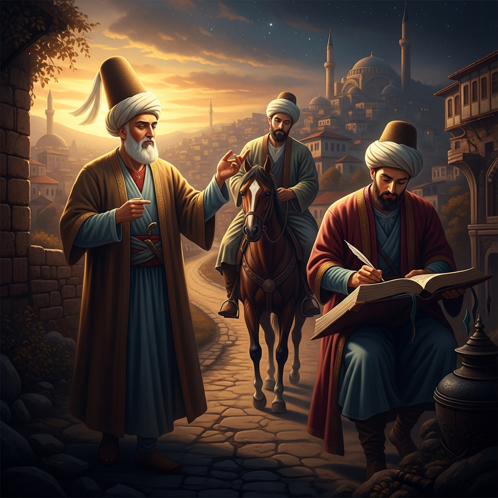 Walking the roads of Konya at dawn, Rumi dictates the Masnavi to Husam al-Din who rides beside him catching each couplet — sixty thousand lines composed for a man already gone.