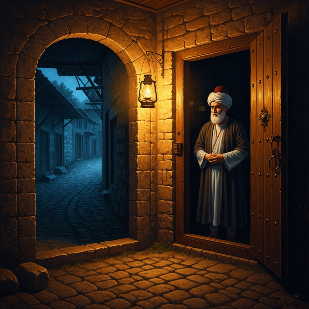 The door of the Konya house stands open in the lamplight. Rumi stands in the doorway looking at the empty street, the place where Shams was a moment ago and is not now.