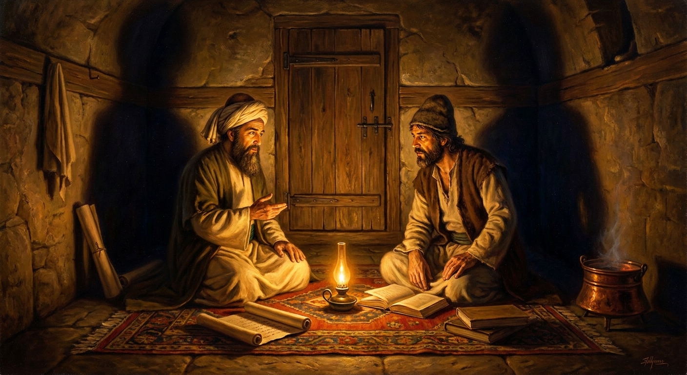 Behind the closed door of the madrasa cell, Rumi and Shams sit knee-to-knee in the lamplight of the fortieth night, the *suhbat* still unfinished.