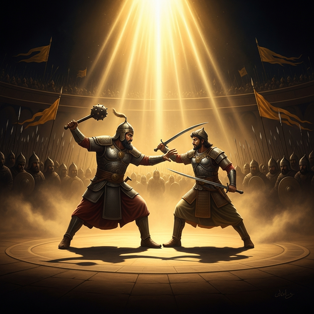 Two armies ring the dust of the arena while father and son, unknown to each other, fight for the fate of both nations — the greatest duel in Persian epic.