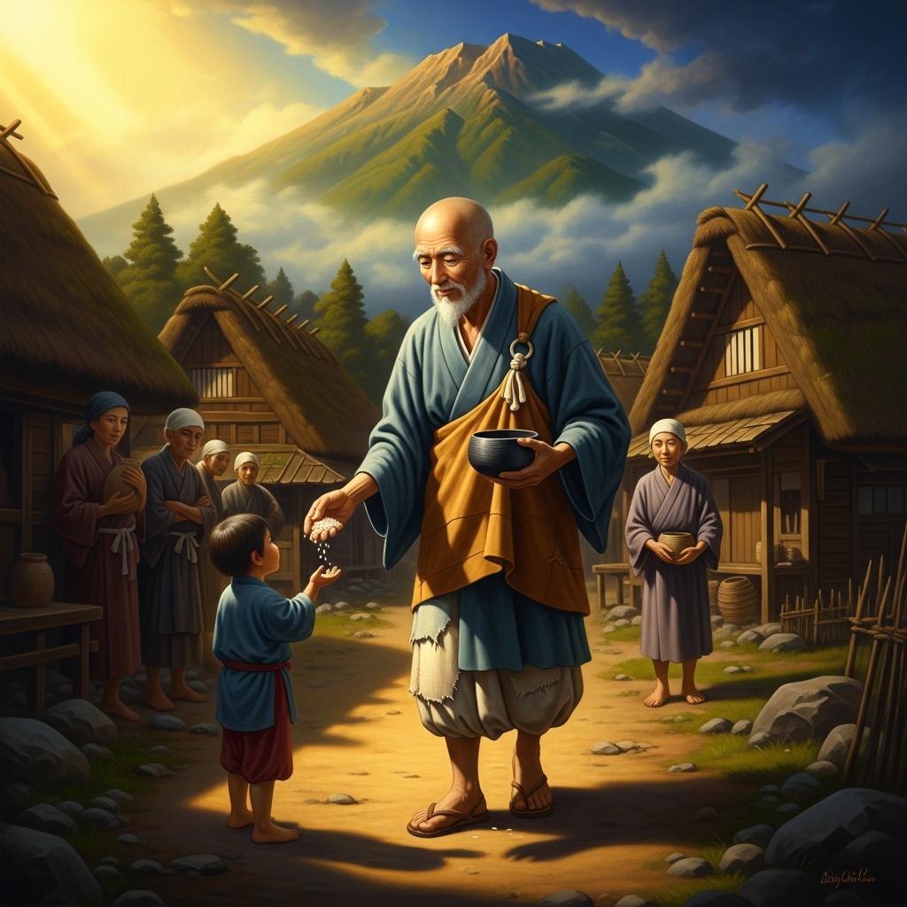 Ryōkan carries his begging bowl through the village at the foot of Mount Kugami. He gives away what he is given before he returns to his hut.