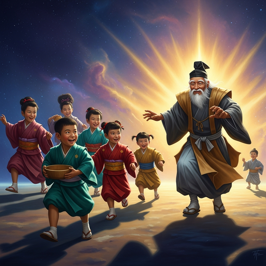 The children of Izumozaki know his route. They take his bowl and run. He chases them, badly, on purpose, delighted.
