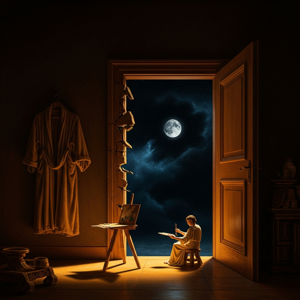After the thief. The robe is gone. The wall is open. The moon moves through the space where the door was. He picks up his brush.