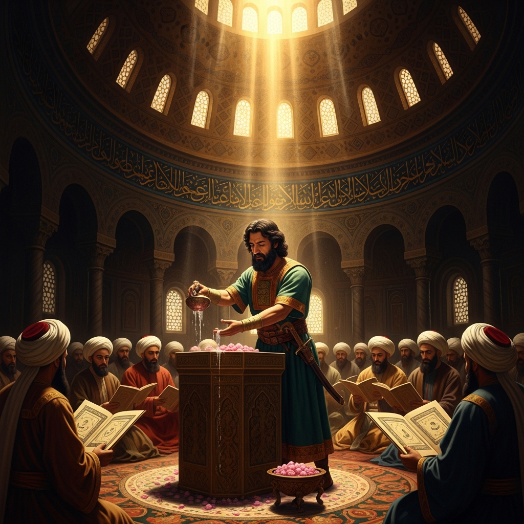Inside the Dome of the Rock. Saladin himself, sleeves rolled, washes the stone with rosewater while imams recite the Qur'an — restoring the sanctuary the Crusaders had used as a church and turned into a stable.