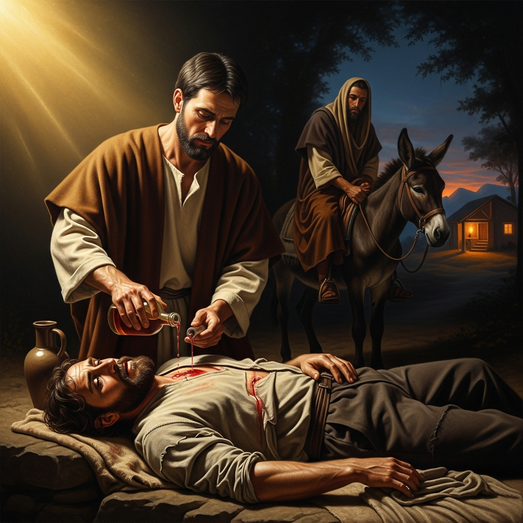 He pours oil and wine, binds the wounds, sets him on his own animal, brings him to the inn — not the minimum required, not gestures of obligation, but the full measure of what the situation demands.
