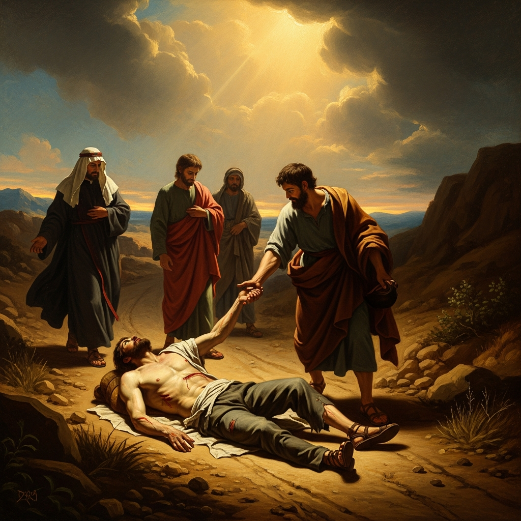 Half-dead on the Jericho road — stripped, beaten, robbed, unable to move. The priest sees him and passes on the other side. The Levite comes near, looks, and passes. Then a Samaritan comes to where he is.