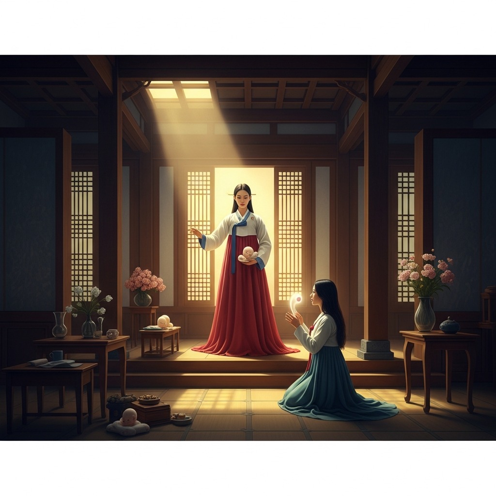 The souls of unborn children, in Korean cosmology, wait in Samsin's care like seeds before planting. She decides when each one is ready, which mother it will go to, and how long it will stay. The woman kneeling in her main room is trying to speak directly to the gardener.