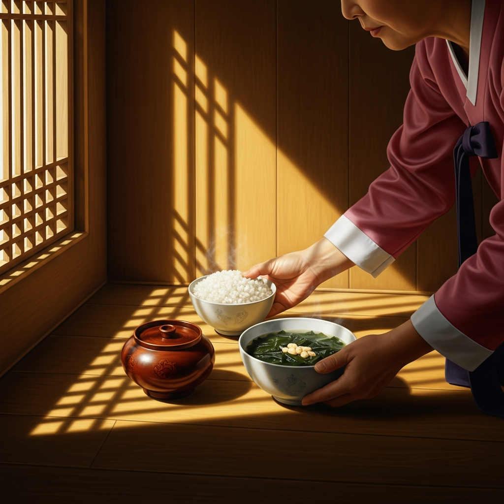 The woman places a bowl of white rice and a bowl of seaweed soup in the inner corner of the main room — Samsin Halmoni's dwelling place in every Korean household. The corner is not marked by any image or idol. The grandmother is simply present there, as she is present in every house where children have been born or might be born.