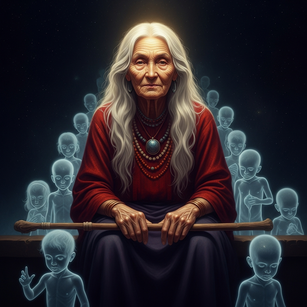 Samsin Halmoni as she appears in the shamanic imagination: an elderly woman of indeterminate age, white-haired, seated, surrounded by the souls of children waiting to be assigned to their mothers. She is neither kind nor cruel. She is the one who knows the count.