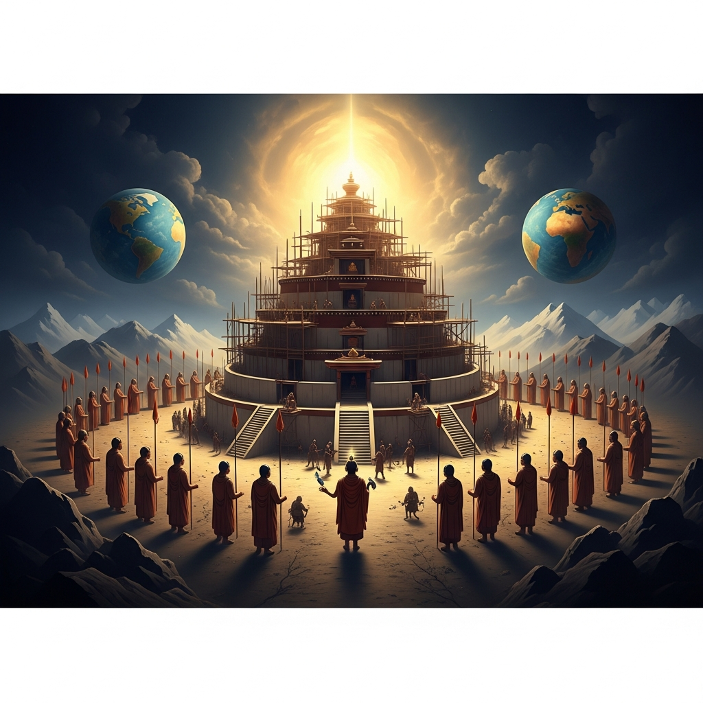 Samye under construction: the first monastery in Tibet, built as a mandala — Mount Meru at the center, the four continents at the cardinal points. Every evening Padmasambhava walks the perimeter and calls each bound spirit to its guard post.