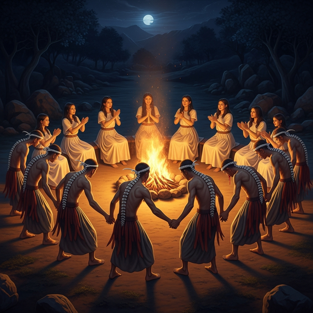 The dance circle at night, the fire at the center, the women seated and clapping and singing the songs that carry the n/um. The shamans are moving around the outside of the circle, bending lower with each circuit, the potency rising in their spines. One is already beginning to bleed from the nose.