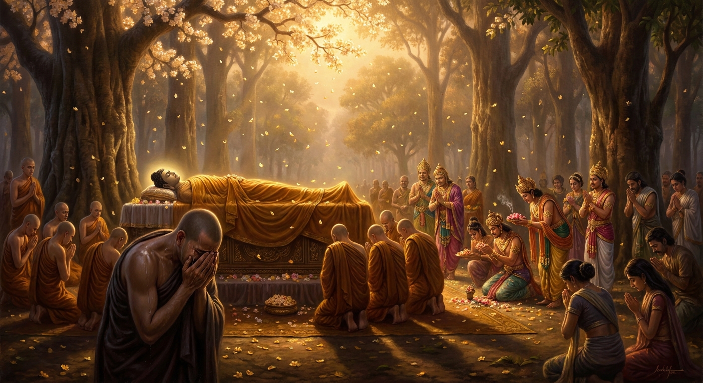 The sangha gathers around the sala grove. Ananda weeps openly. The monks who have not yet attained liberation grieve with him. The monks who have are present and still.