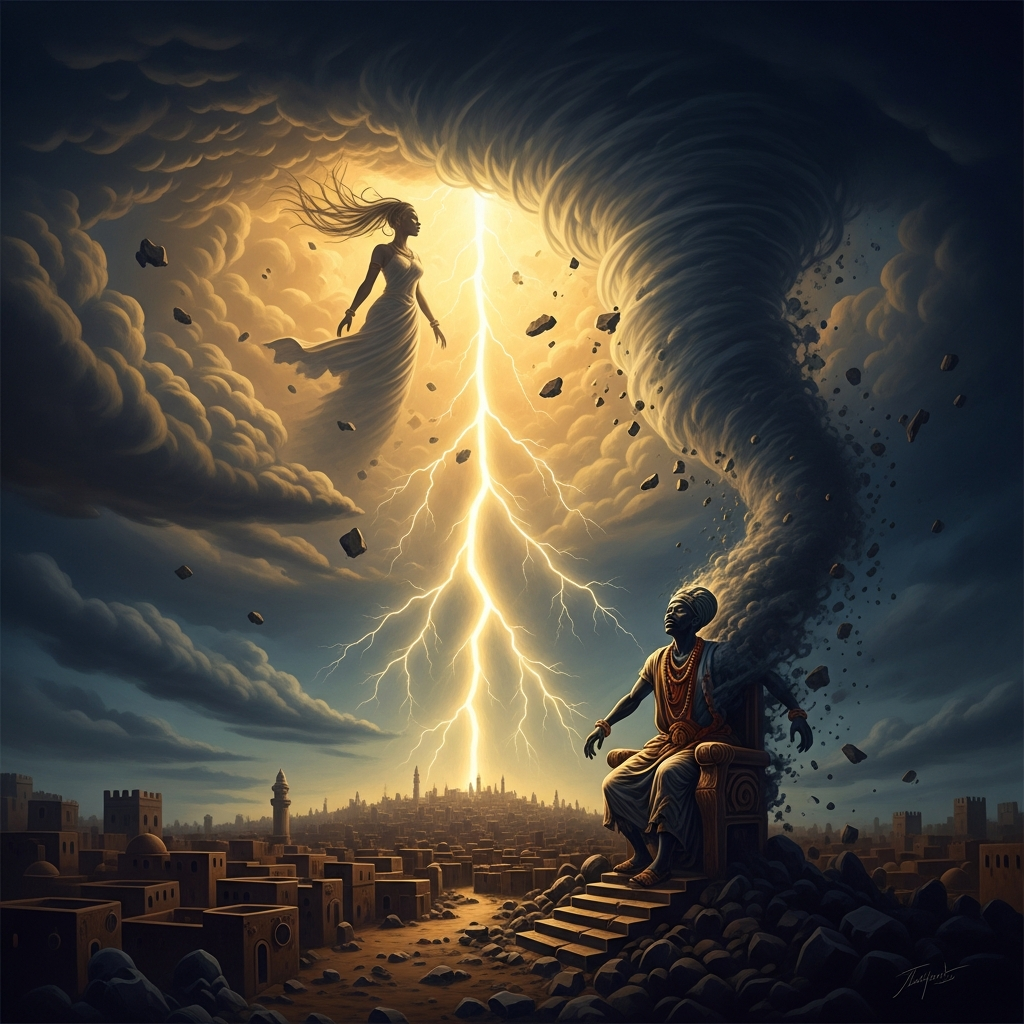 Thunder above Oyo. Lightning down the centre of the sky. Oya the whirlwind comes for her husband. The defeated Alaafin rises into the storm and becomes it.