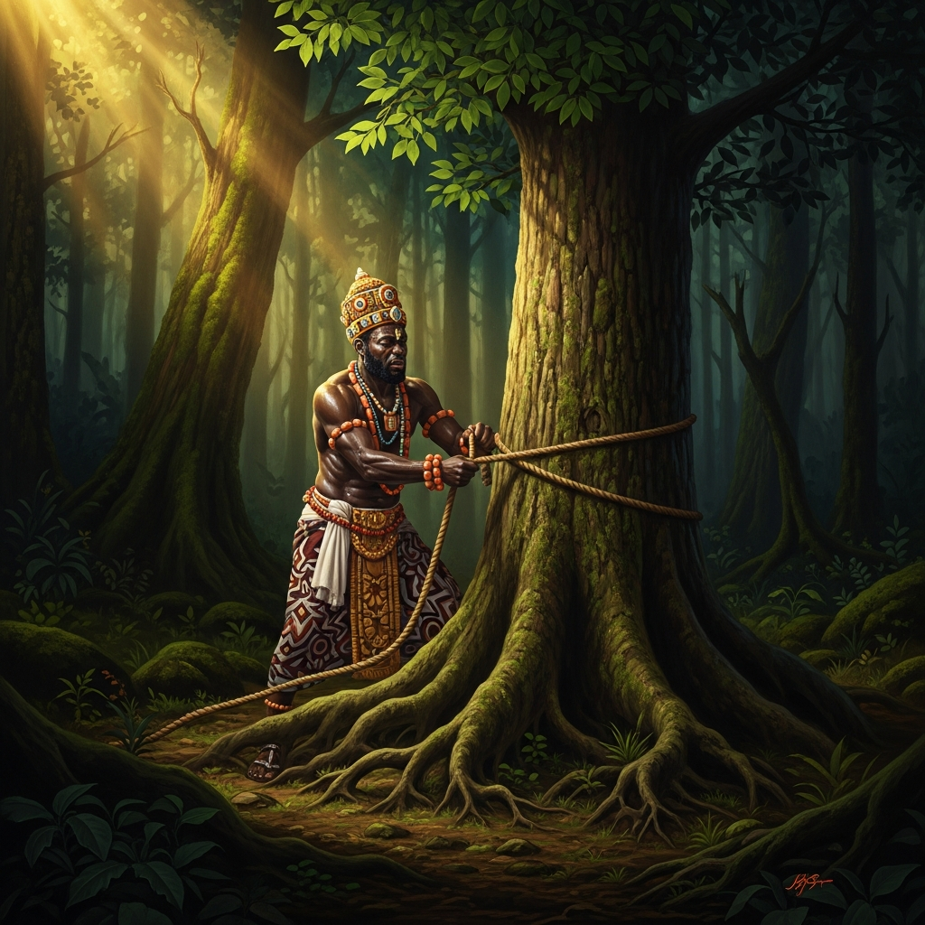 In the forest of Koso, alone, the king ties a rope to the *ayan* tree. The rope tightens. The Yoruba say the next thing that happens is not what the rope intended.