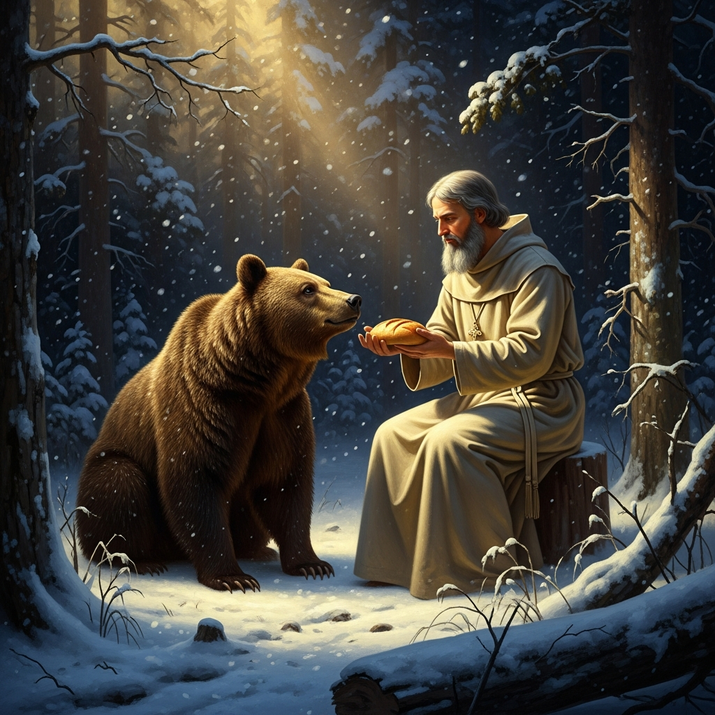 Sarov Forest, ~1810 — Seraphim in a white linen cassock holding a crust of bread out to a brown bear, snow falling, the bear gentle as a dog at his knee