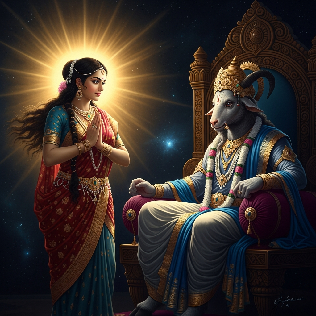Sati stands before Daksha's sacrificial fire as her father finishes his public humiliation of Shiva. She does not argue. She does not leave. She steps into the flame she came to honor and the yajna consumes the daughter it should have welcomed.