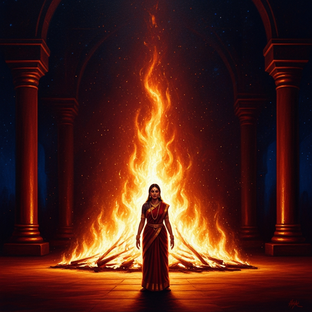 The sacrificial hall blazes with ritual fire. Sati stands alone at the pyre's edge, her white sari already catching the light, while the assembled gods look away. Daksha sits on his high seat at the altar's head and does not move.
