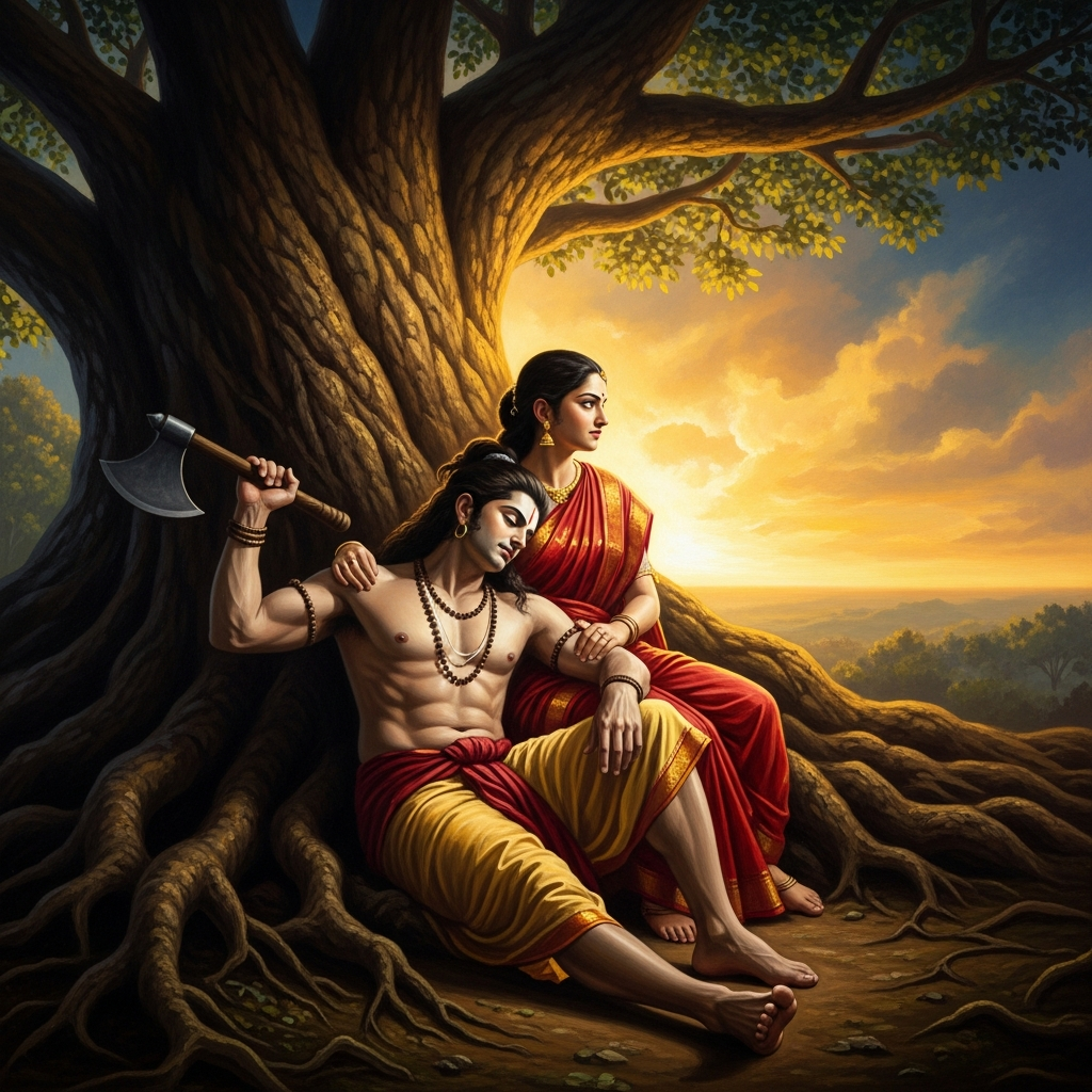 In the forest on the appointed day, Satyavan's axe stills mid-swing. He sits against the roots of the tree with his head in Savitri's lap, and she watches the horizon for what she knows is coming.