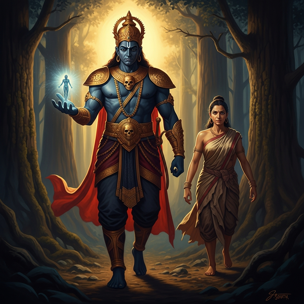 Yama walks south through the forest with Satyavan's soul in his hand. Behind him, steadily, comes a woman in bark robes who has not been asked to come and who does not intend to stop.
